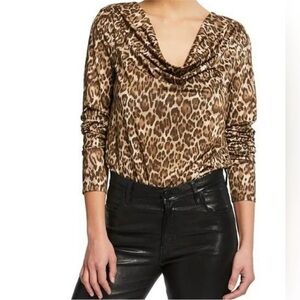 Wayf Solano Ruched Drape Neck Leopard Animal Print Long Sleeve Bodysuit